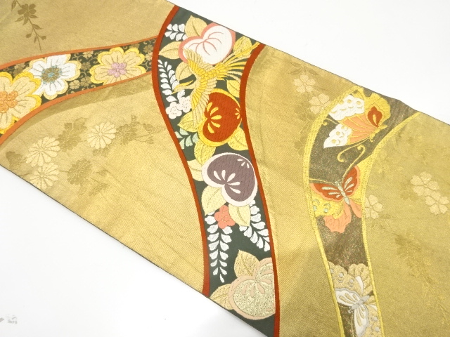 JAPANESE KIMONO / ANTIQUE FUKURO OBI / SILK / WOVEN MOUNTAINS & PHOENIX & BUTTERFLY & TACHIBANA